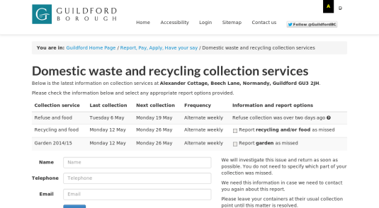 Guildford Borough Council - Missed refuse collections form