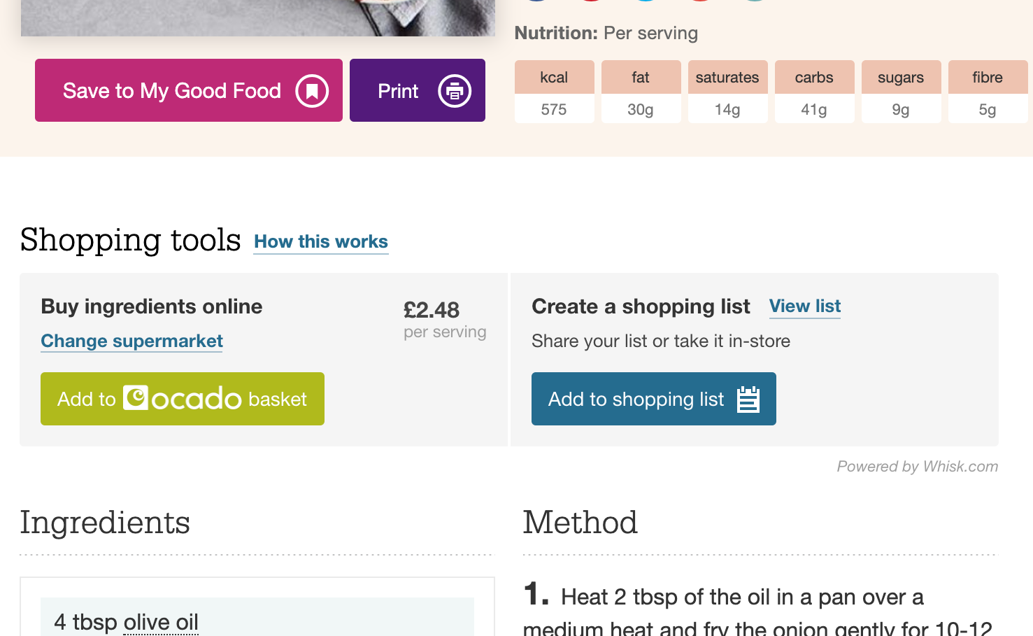Screenshot of a BBC Good Food recipe page